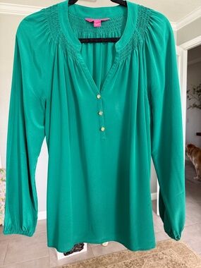 Lilly Pulitzer Teal Green Long-Sleeve Smocked Yoke Blouse